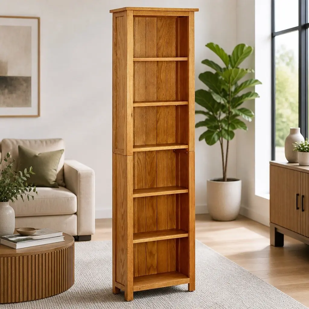 6-Tier Bookcase Rustic 52x22x180cm Solid Oak Wood Shelving Standing Shelf Display Unit