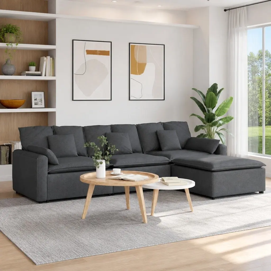 Modular Sofa Dark Grey Sectional Fabric Upholstery Foam Filling Metal Frame with Wooden Armrests