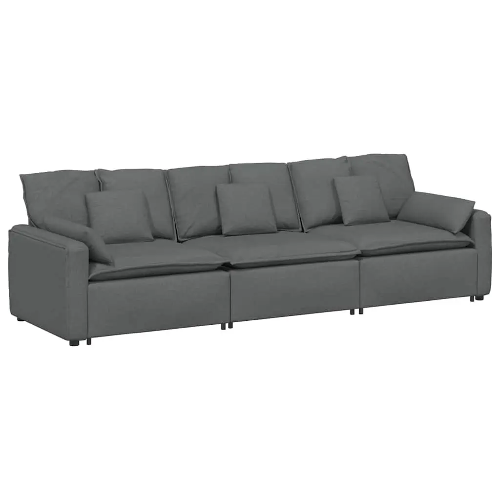 Modular Sectional Sofa Grey Three-Seater Lounger Fabric Foam Metal Frame Wooden Armrests