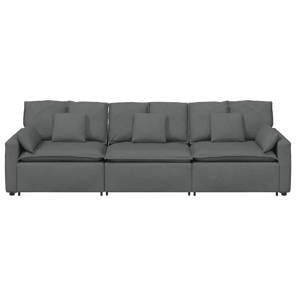 Modular Sectional Sofa Grey Three-Seater Lounger Fabric Foam Metal Frame Wooden Armrests