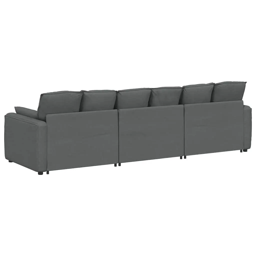 Modular Sectional Sofa Grey Three-Seater Lounger Fabric Foam Metal Frame Wooden Armrests