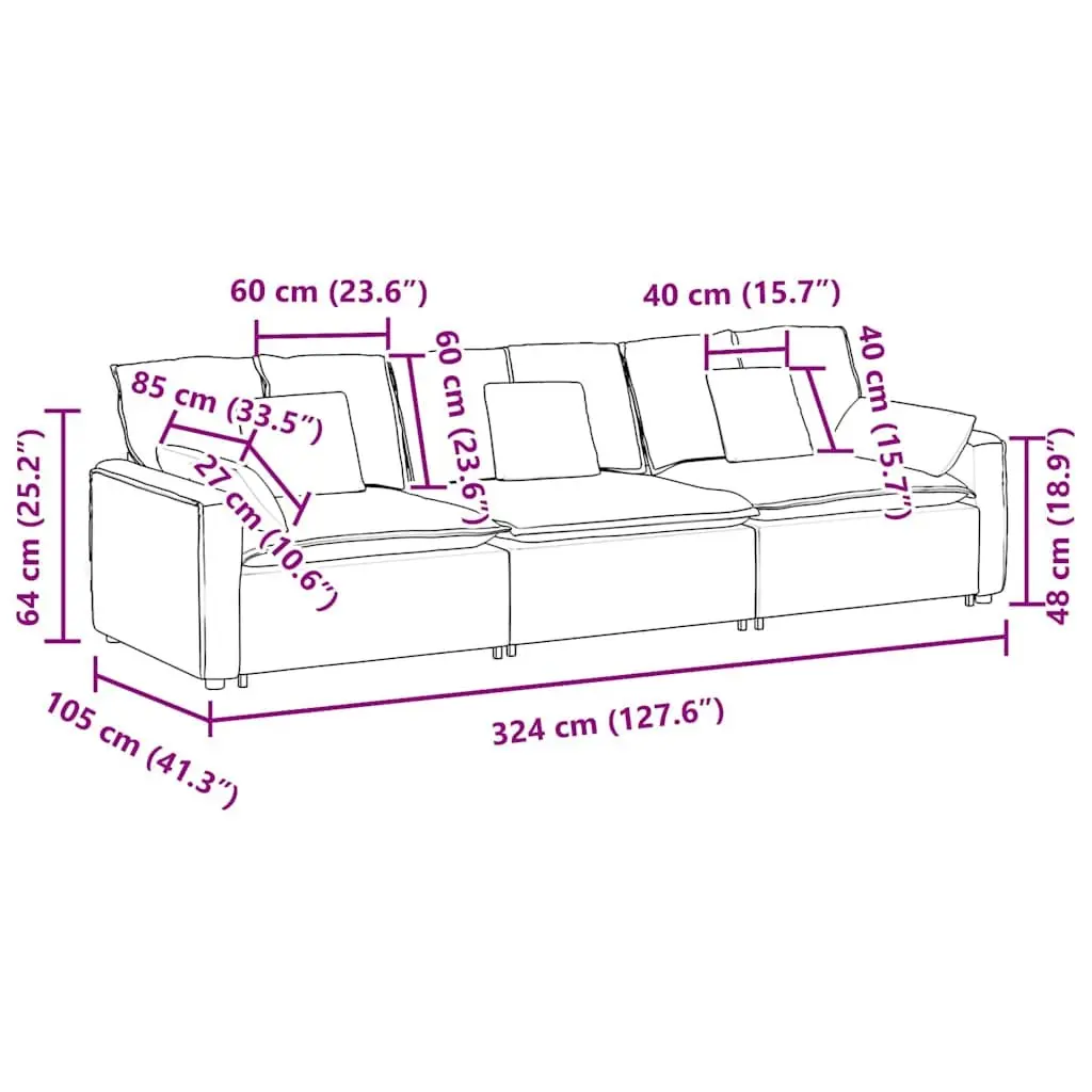 Modular Sectional Sofa Grey Three-Seater Lounger Fabric Foam Metal Frame Wooden Armrests