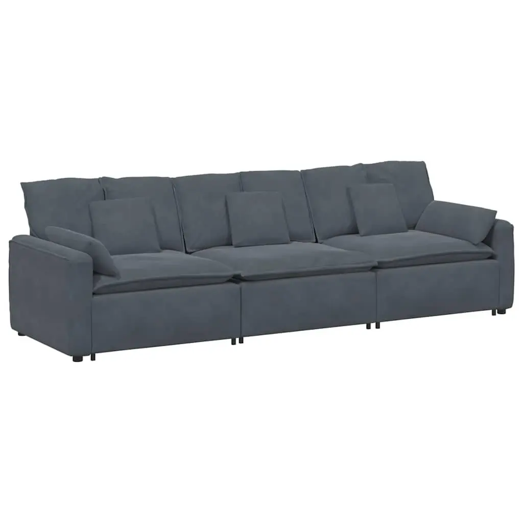 Grey Velvet Modular Sofa Three Sections Living Room Couch