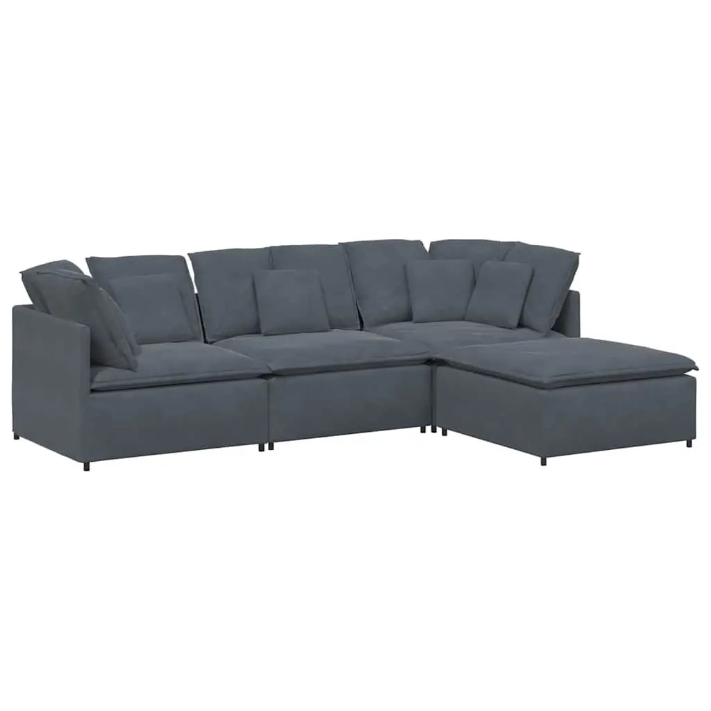Modular Sofa Grey Velvet Sectional Couch with Footstool Four Sections