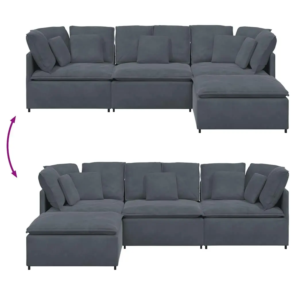 Modular Sofa Grey Velvet Sectional Couch with Footstool Four Sections
