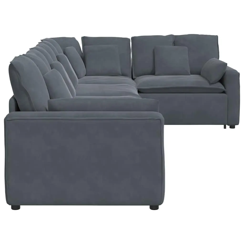 Modular Sofa Sectional Lounge Grey Velvet Five Sections Foam Filling Metal Frame Wooden Armrests Textilene Seating