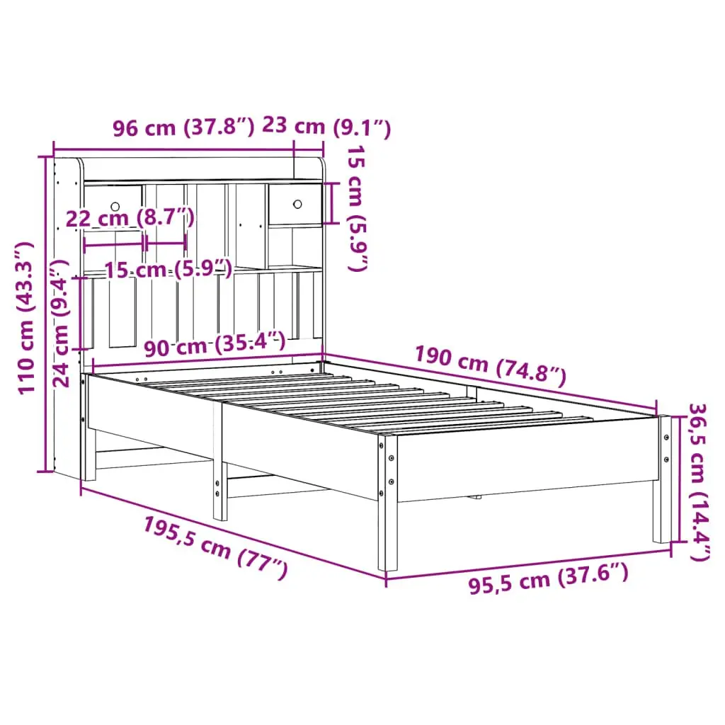 Bookcase Bed Frame 90x190cm Solid Pine Wood
