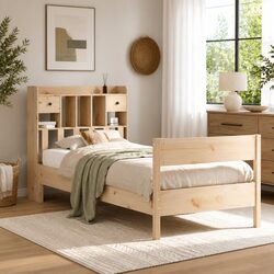 Solid Pine Wood Bookcase Bed Frame 90x190cm in Brown