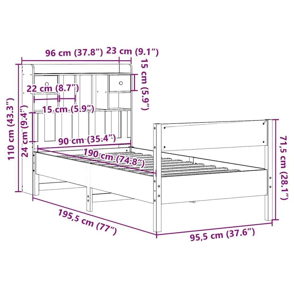 Solid Pine Wood Bookcase Bed Frame 90x190cm in Brown