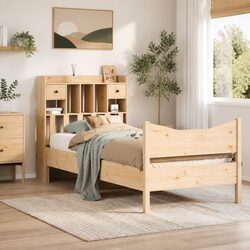 90x200 cm Solid Wood Bed Frame with Storage Headboard