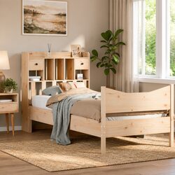 Solid Pine Wood Bed Frame with Storage Headboard 90x190 cm