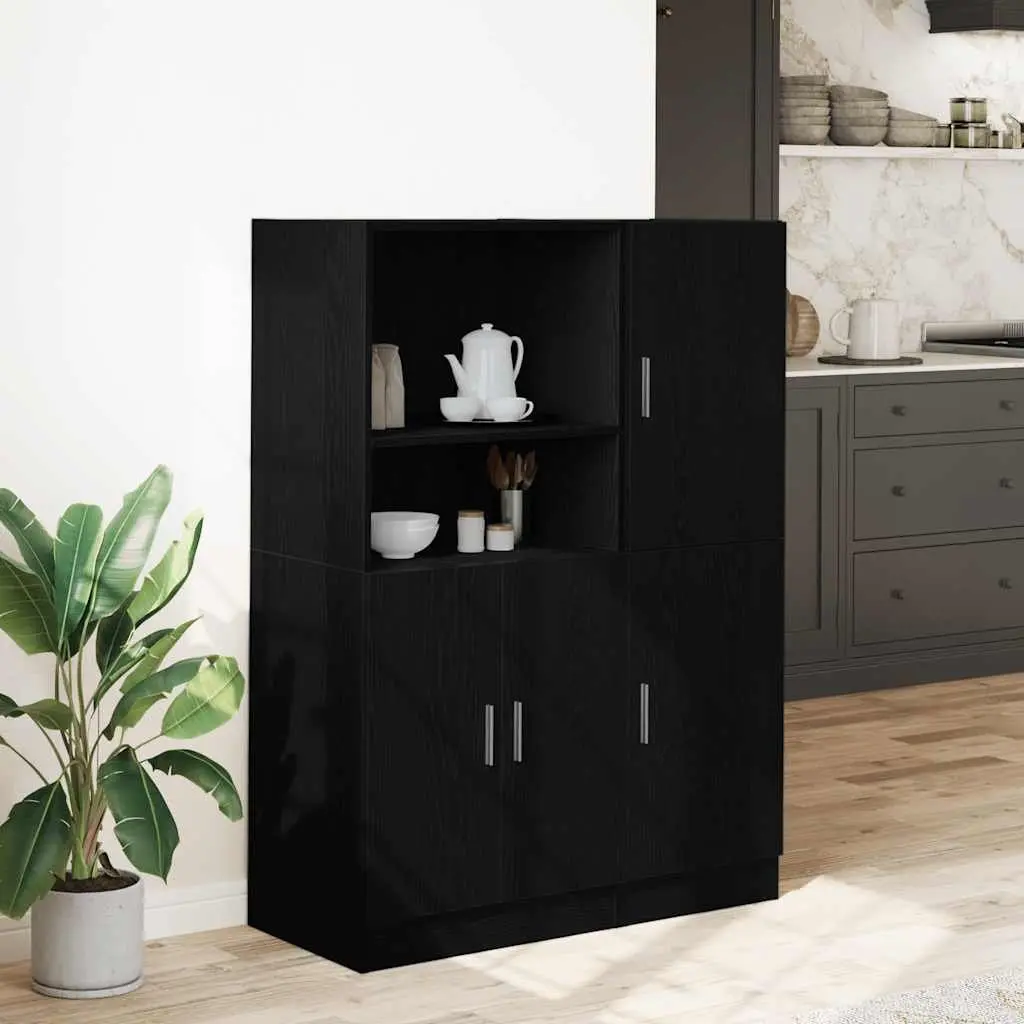2 Piece Kitchen Cabinet Set Black Engineered Wood Wall Mounted Storage Shelves