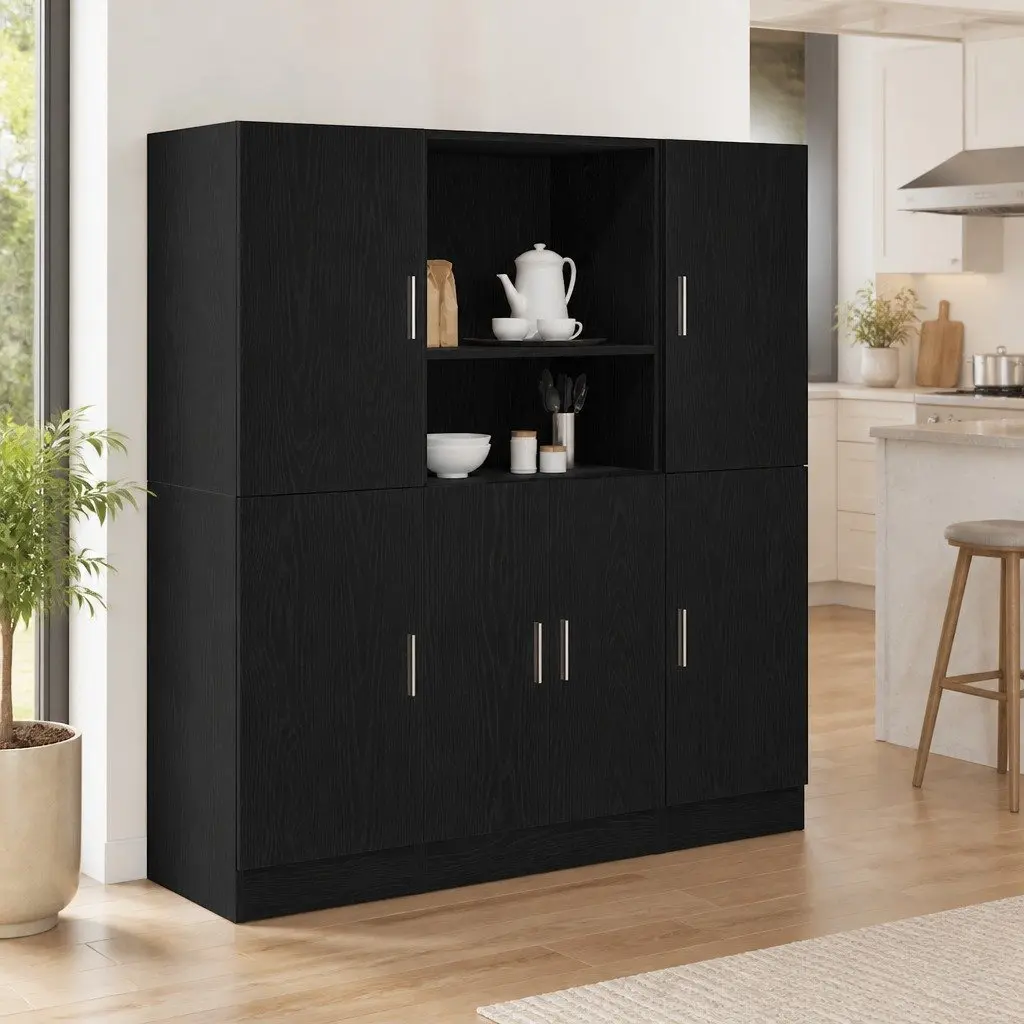 3 Piece Engineered Wood Kitchen Cabinet Set Black Wall Mount Storage Shelving