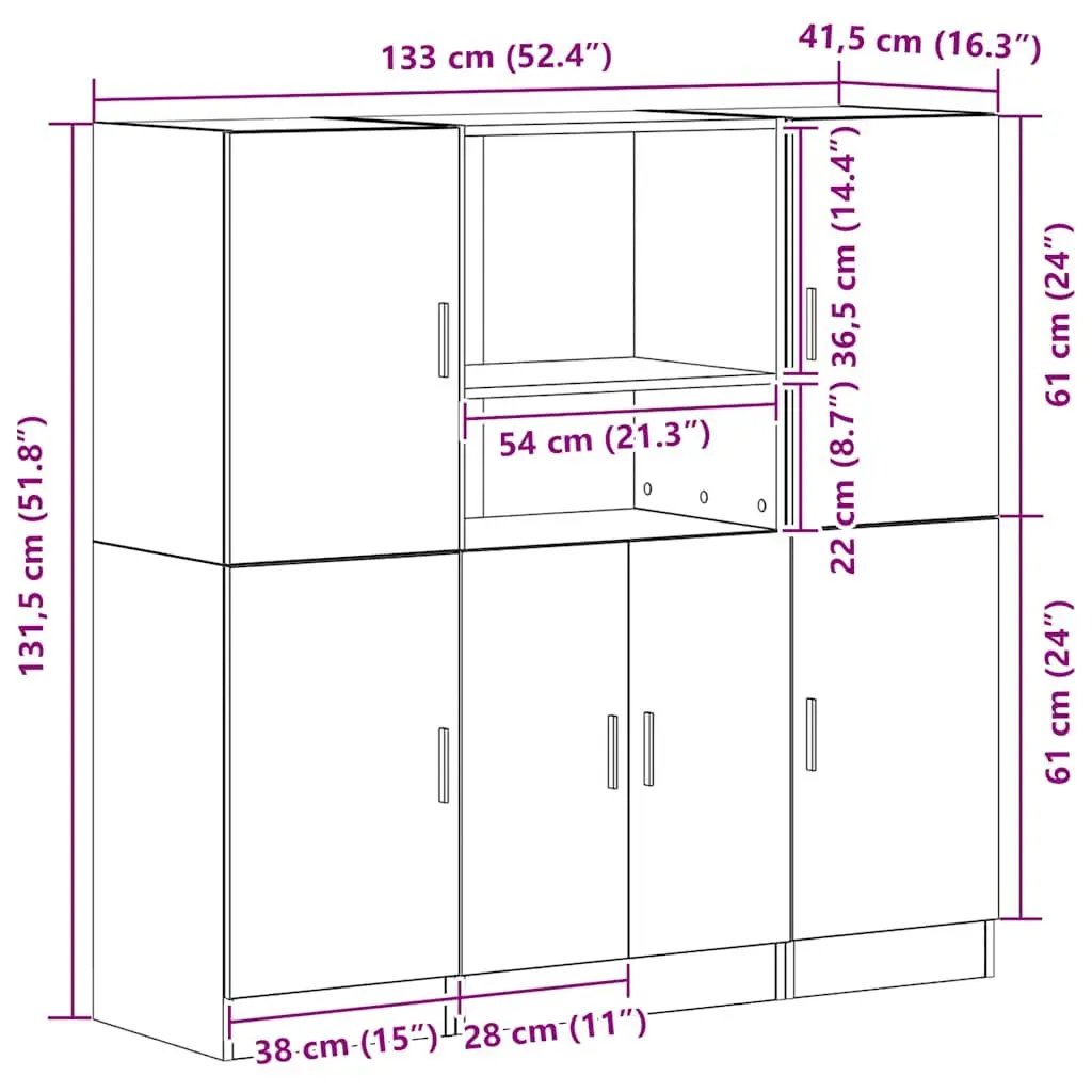 3 Piece Engineered Wood Kitchen Cabinet Set Black Wall Mount Storage Shelving