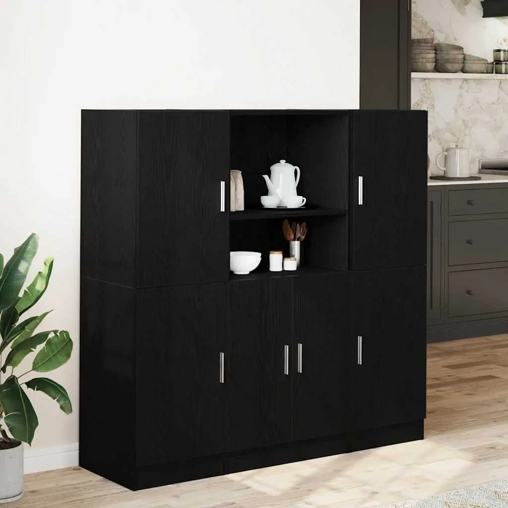 3 Piece Engineered Wood Kitchen Cabinet Set Black Wall Mount Storage Shelving