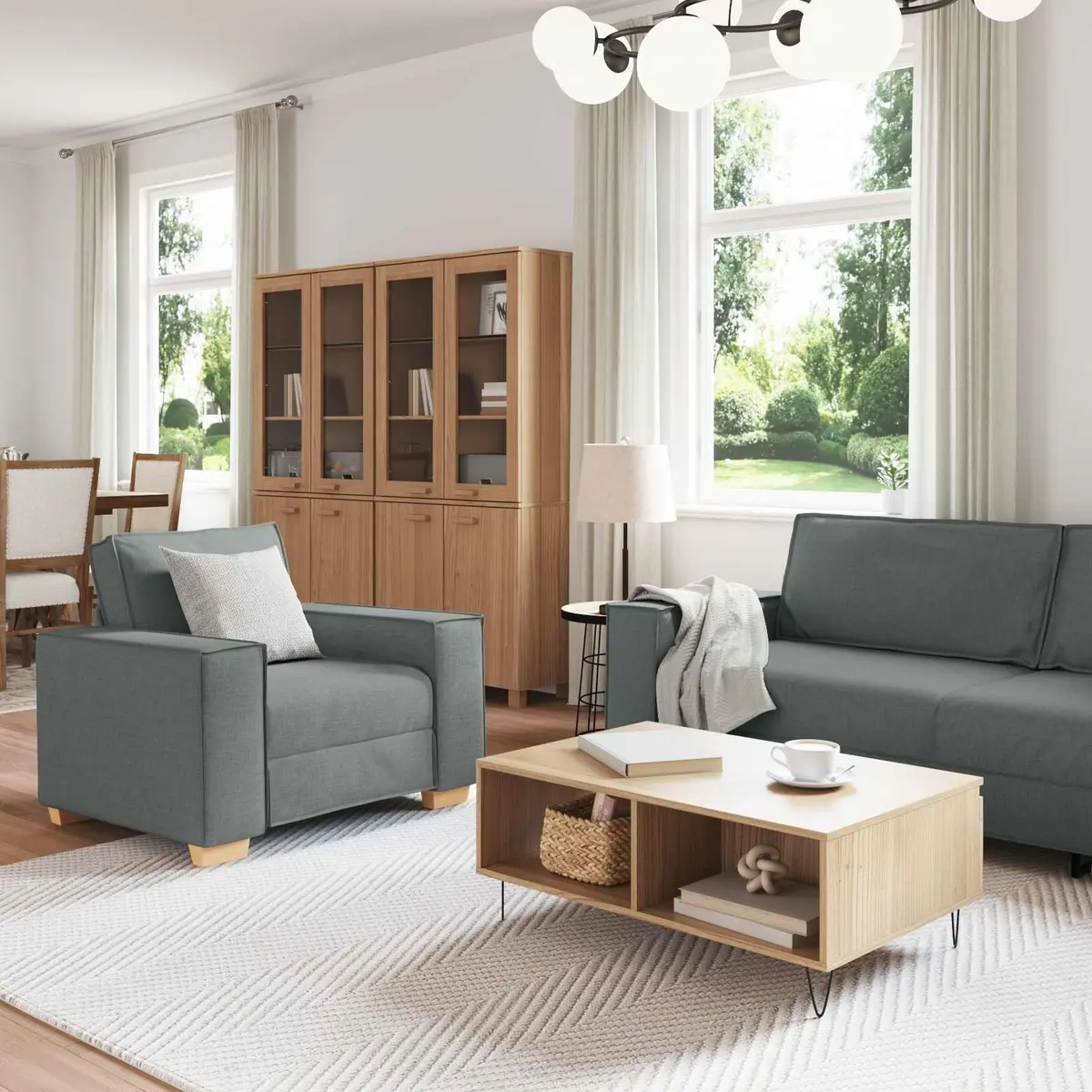 3-Piece Sofa Set Grey Linen-Blend Modern Living Room Furniture 220cm Wide Lounge