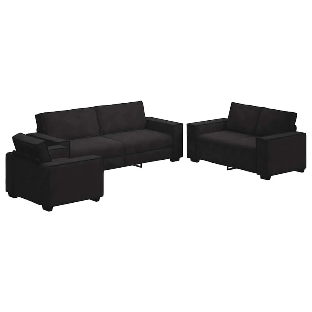 BlackUpholsteredVelvetSofaSet3PieceComfortableSeatingforLivingRoom