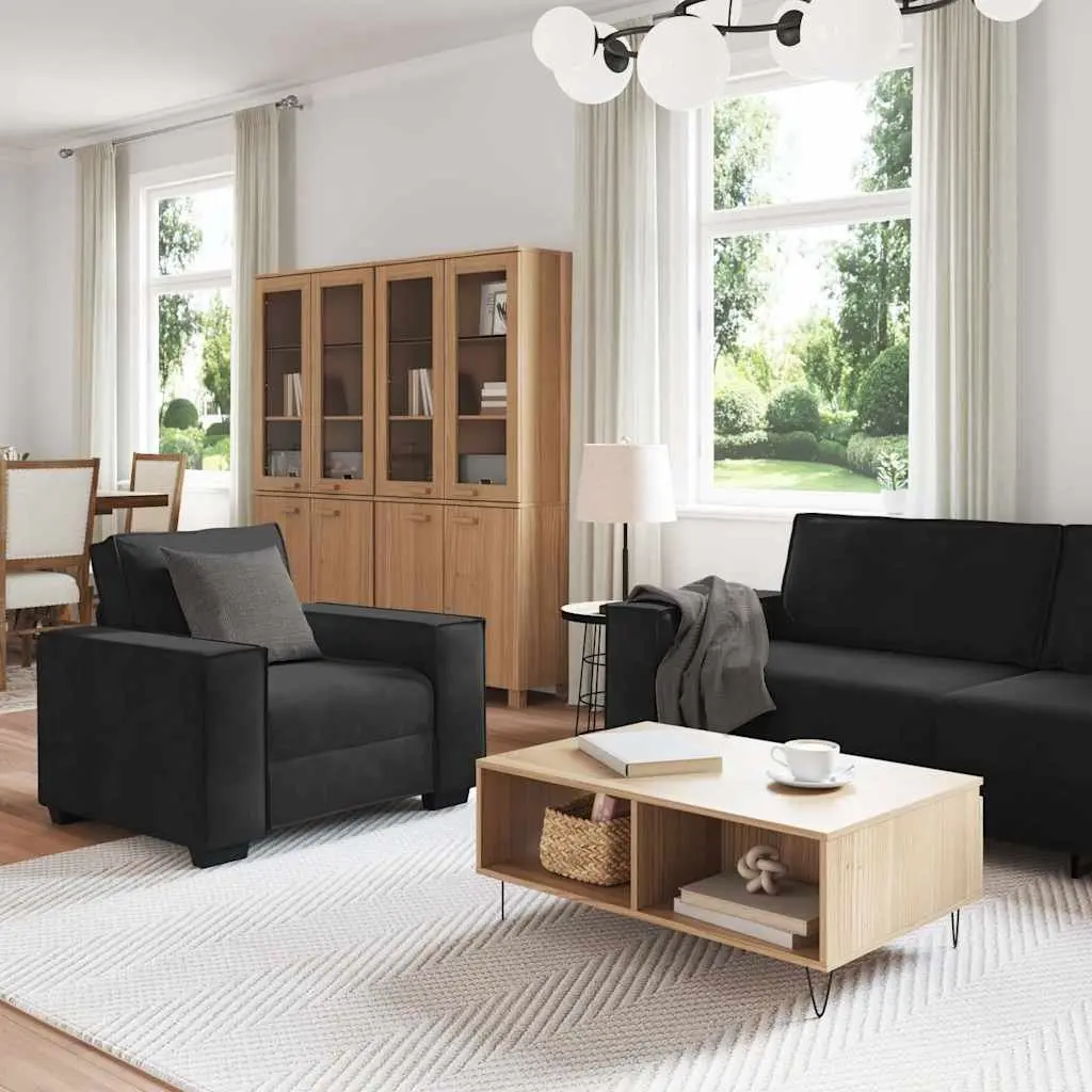 BlackUpholsteredVelvetSofaSet3PieceComfortableSeatingforLivingRoom