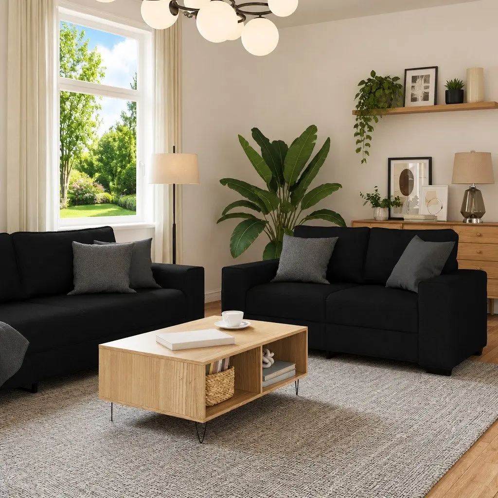 3 Piece Sofa Set Black Fabric Padded Cushions Wooden and Metal Frame