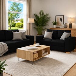 Comfortable 2 Piece Black Fabric Sofa Set with Cushions