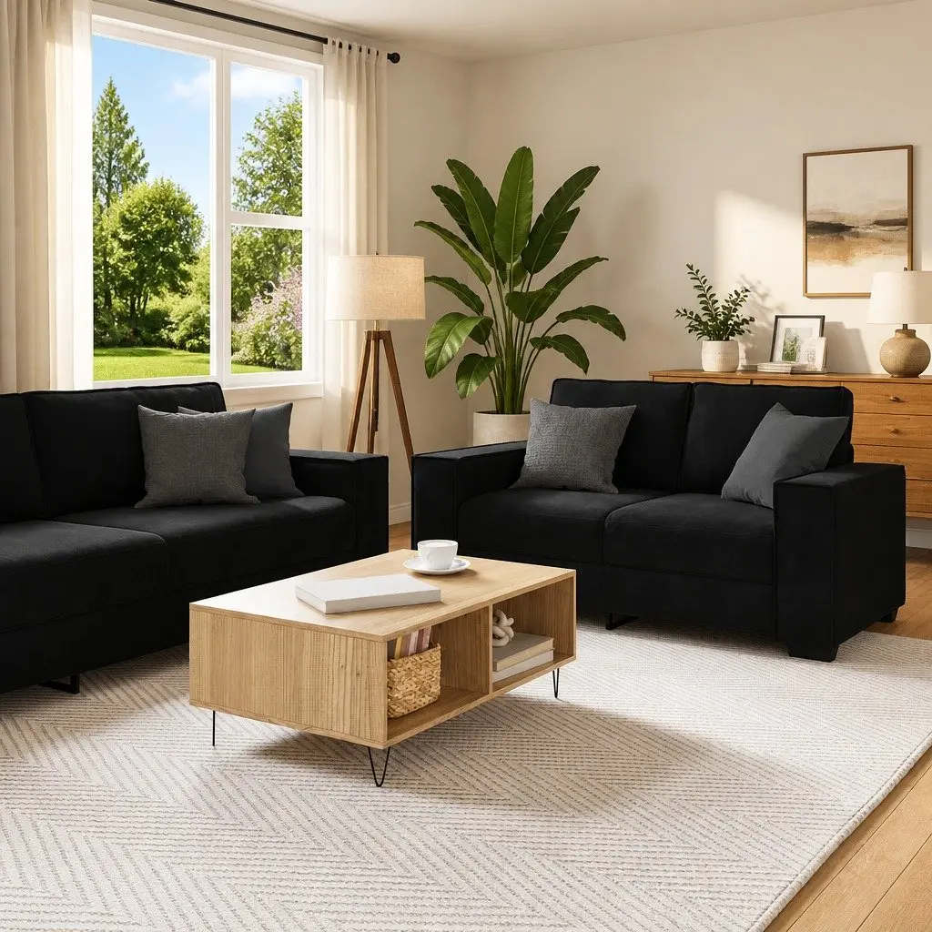 2 Piece Sofa Set Black Velvet Upholstery Living Room Furniture Couch Armrest