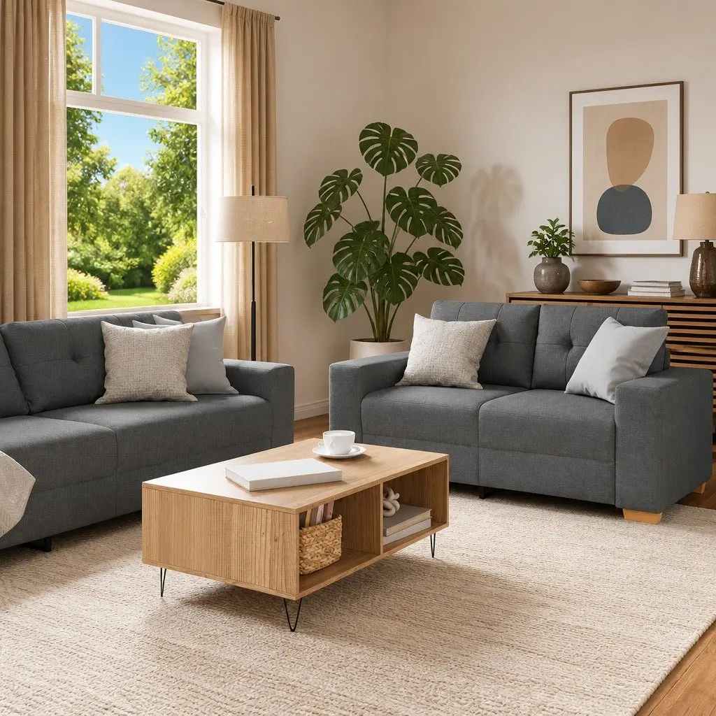 2 Piece Sofa Set Grey Fabric Lounge Suite Polyester Wood Metal Frame