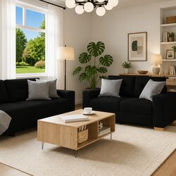 Comfortable 2 Piece Black Fabric Sofa Set