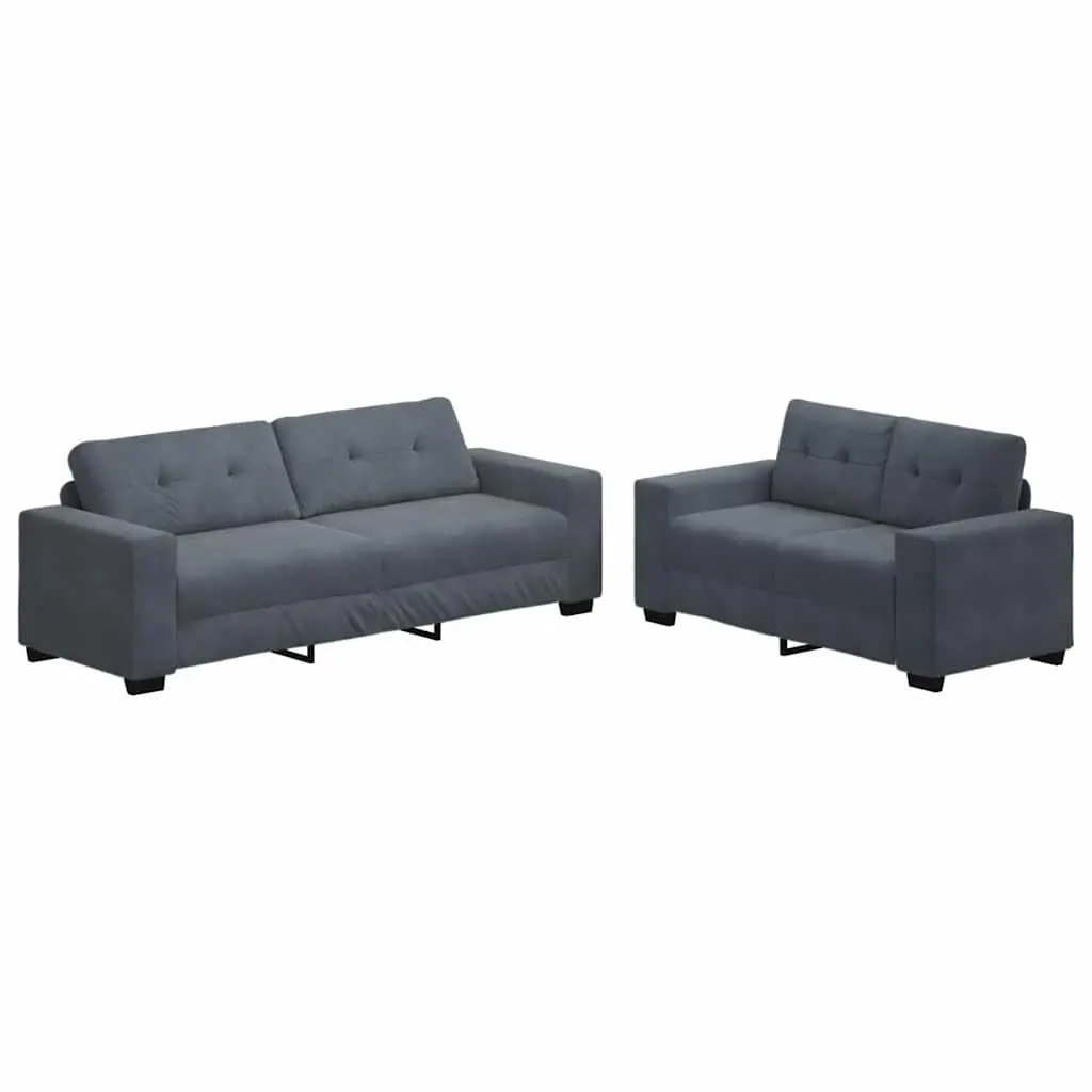 2 Piece Sofa Set Grey Velvet Upholstery Wooden and Metal Frame Large Armrests Thickly Padded Seat and Backrest