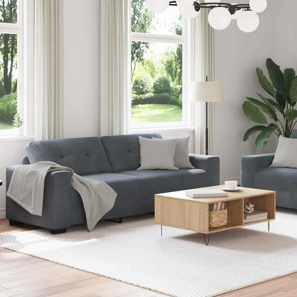 2 Piece Sofa Set Grey Velvet Upholstery Wooden and Metal Frame Large Armrests Thickly Padded Seat and Backrest