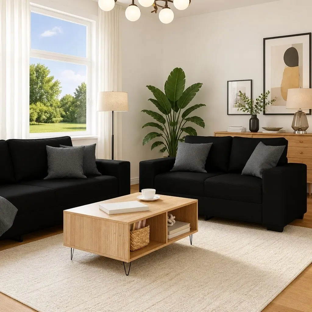 2 Piece Sofa Set Black Fabric Lounge Suite Polyester Upholstered Wooden Metal Frame