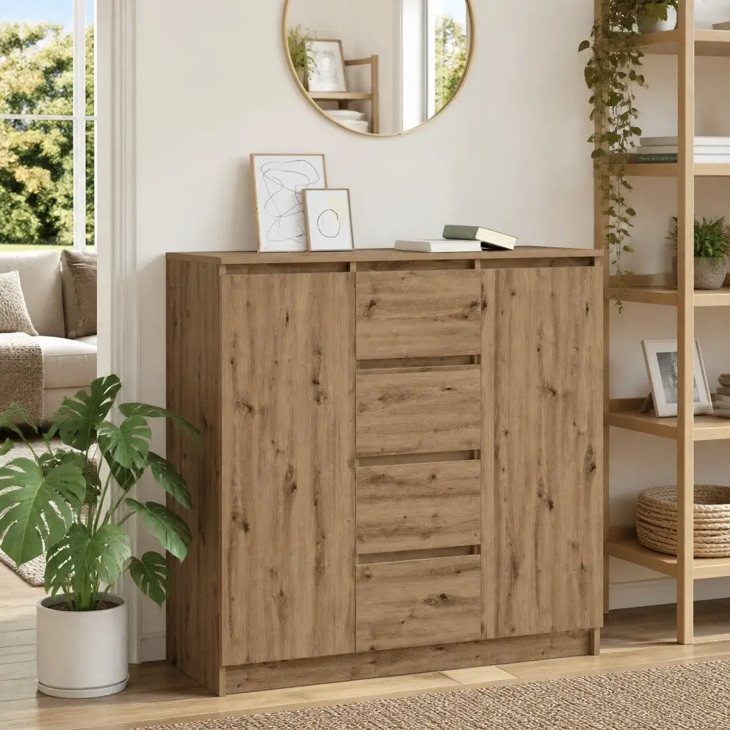 Brown Engineered Wood Sideboard with Storage Drawers