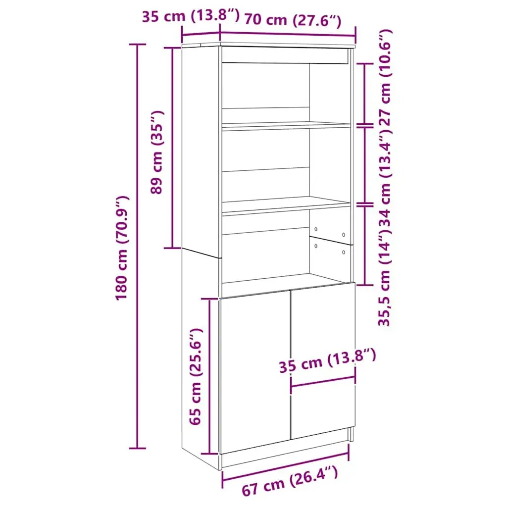 White Highboard Storage Cabinet 70x35x180 cm