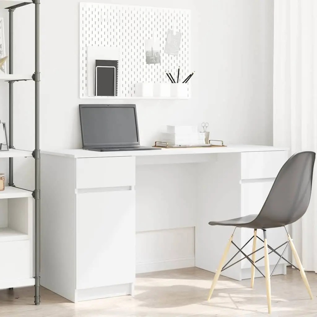 White Engineered Wood Desk with Storage Options