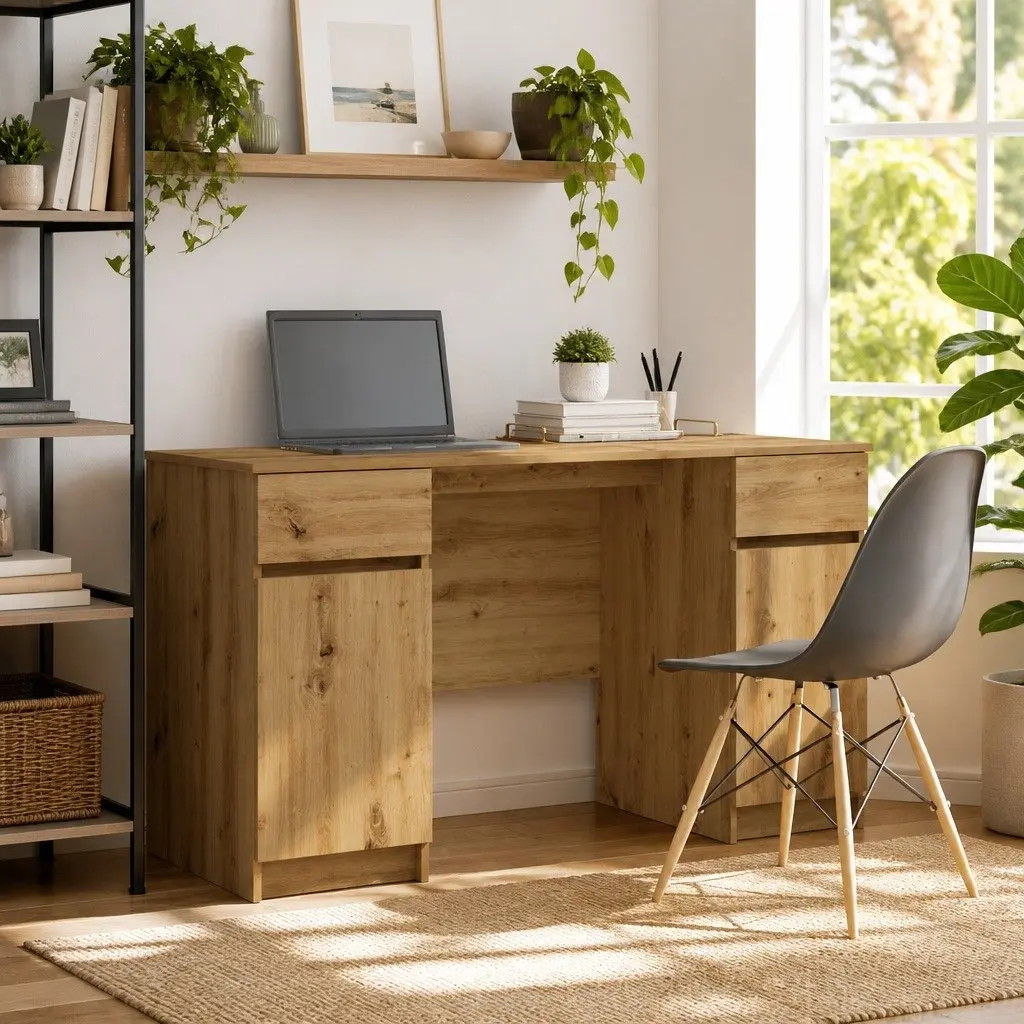 Brown Writing Desk with Storage for Home Office