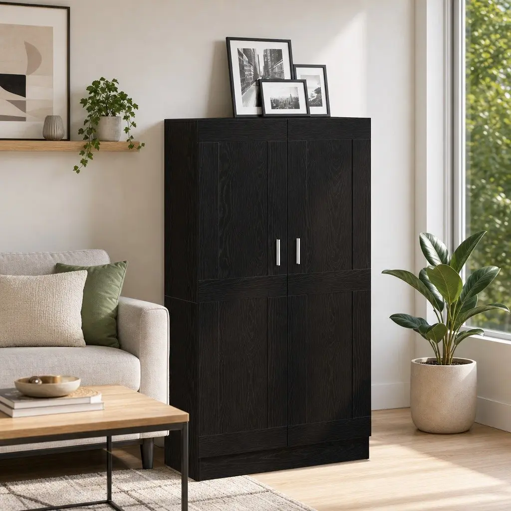 Book Cabinet Black Oak Modern Storage Shelving Unit Engineered Wood Hinged Doors