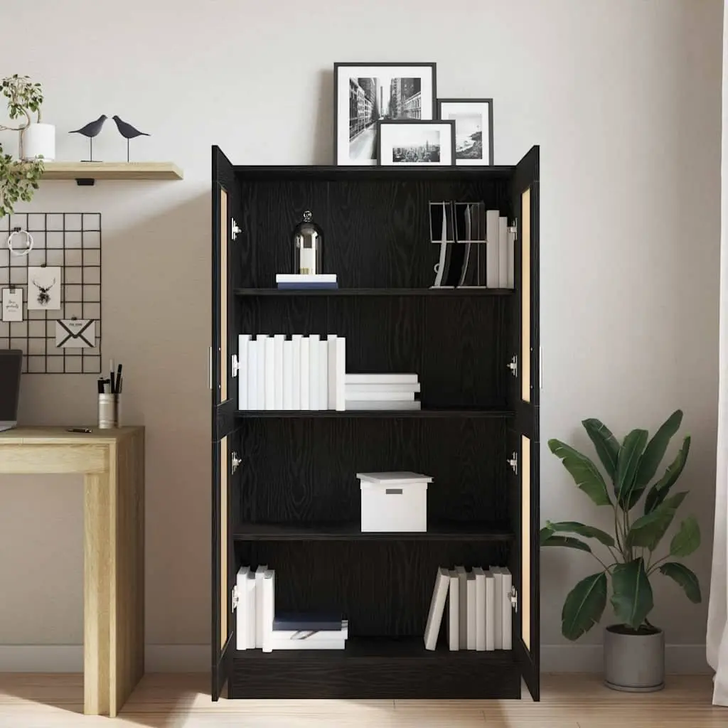 Book Cabinet Black Oak Modern Storage Shelving Unit Engineered Wood Hinged Doors