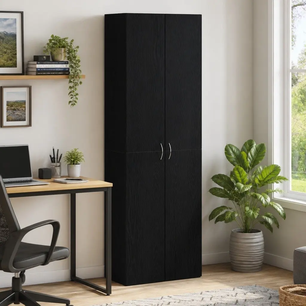 Black Engineered Wood Office Filing Cabinet with Hinge Doors