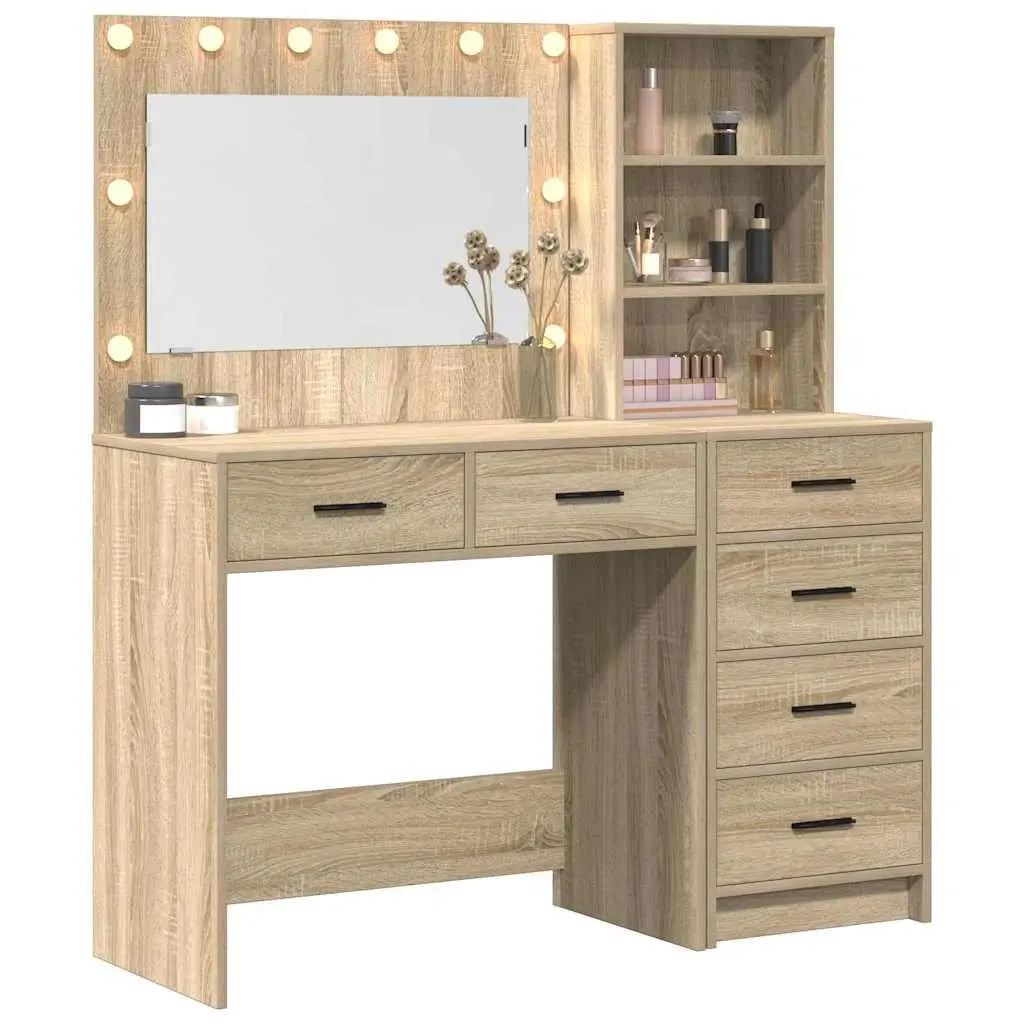 Brown Dressing Table with Mirror and Lights
