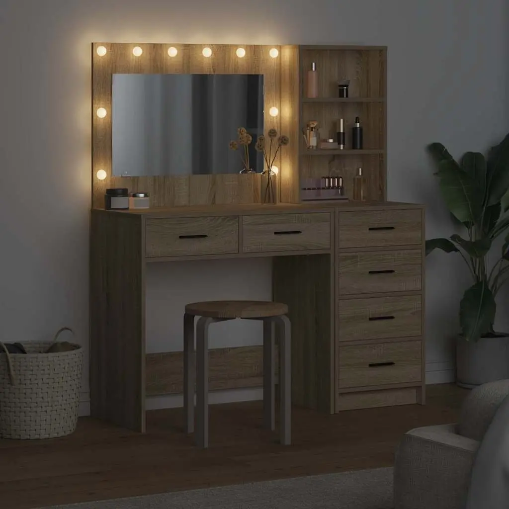Brown Dressing Table with Mirror and Lights