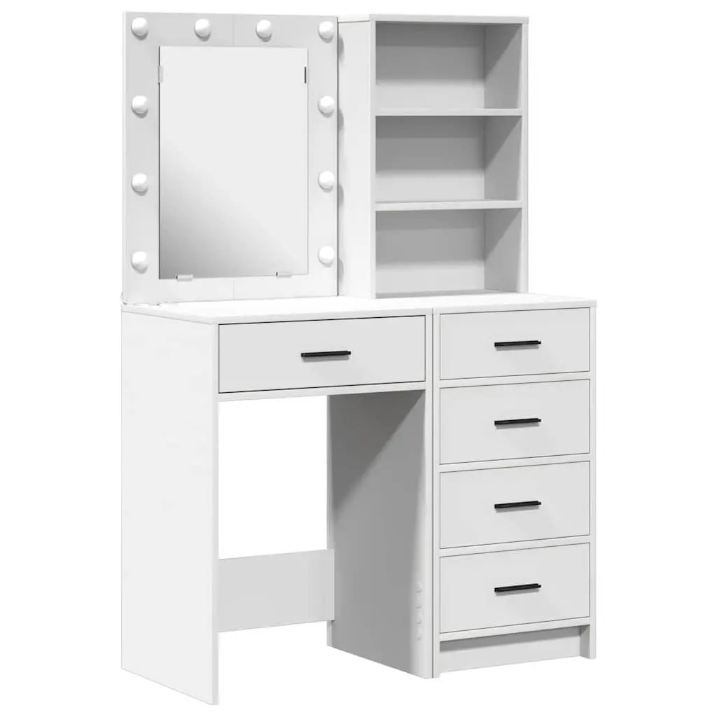 Dressing Table 2 pcs White Engineered Wood Bedroom Vanity Storage LED Mirror
