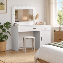 Elegant White Vanity Unit with Mirror and LED Lights