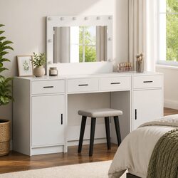 White Bedroom Vanity with LED Mirror and Storage