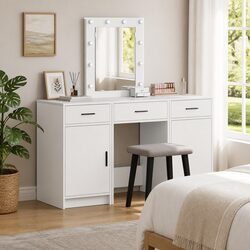 Stylish White Vanity Table with LED Mirror and Storage