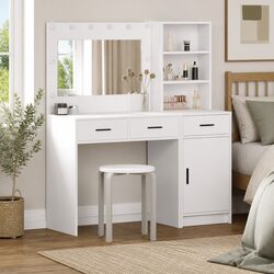 White Bedroom Vanity with LED Mirror Lights and Storage