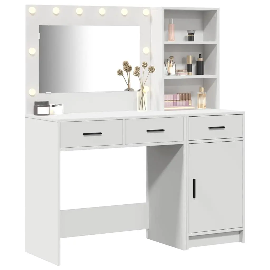 Dressing Table with LED Mirror Lights 2 pcs White Contemporary Minimalist Engineered Wood
