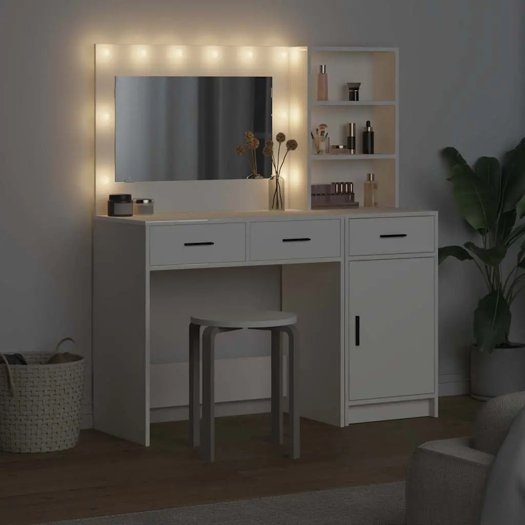 Dressing Table with LED Mirror Lights 2 pcs White Contemporary Minimalist Engineered Wood