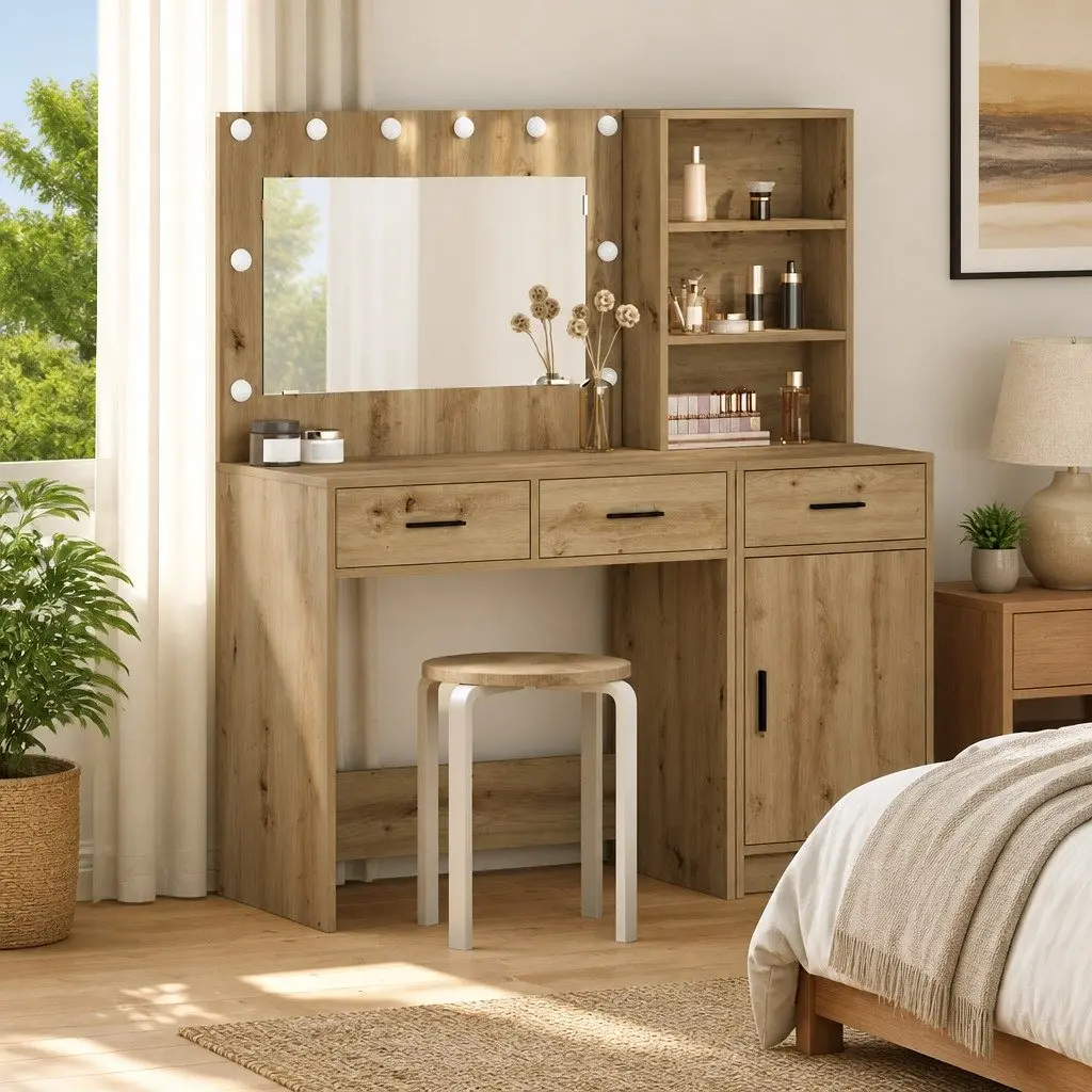 Brown Dressing Table with LED Mirror and Drawers