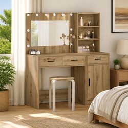 Brown Dressing Table with LED Mirror and Drawers