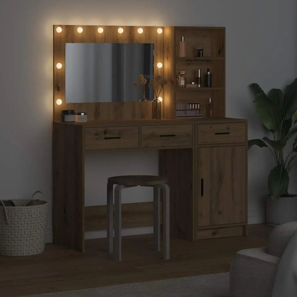 Brown Dressing Table with LED Mirror and Drawers