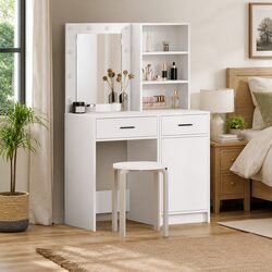 Stylish White Dressing Table Set with LED Mirror
